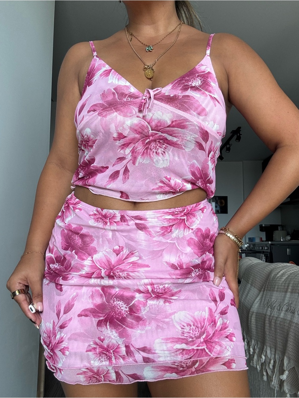 Urban Planet Pink Floral Mini Skirt Set